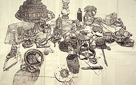 Dawn Clements, On the Table, 2004, Sumi ink on paper, 31.75 x 50 inches, courtesy of Pierogi 