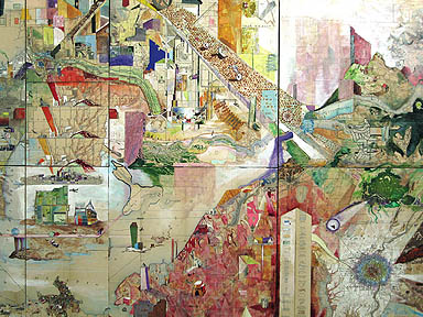 Josh Dorman, Sum, (detail) 2006, ink, acrylic and antique maps on wood panels, 64 x 36 inches