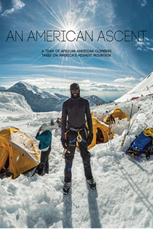 Movie poster with man standing in climbing gear surrounded by tents and a snowy mountain