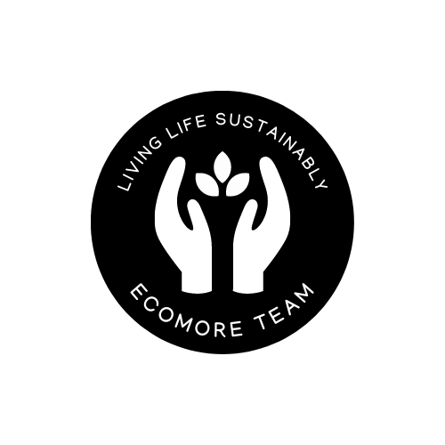 EcoMore Team words in a circle pictured with two folded hands yielding leaves in the center
