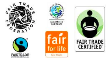 Fair trade federation, world fair trade organization, fair trade certified, far for life, and Fair Trade International Logos