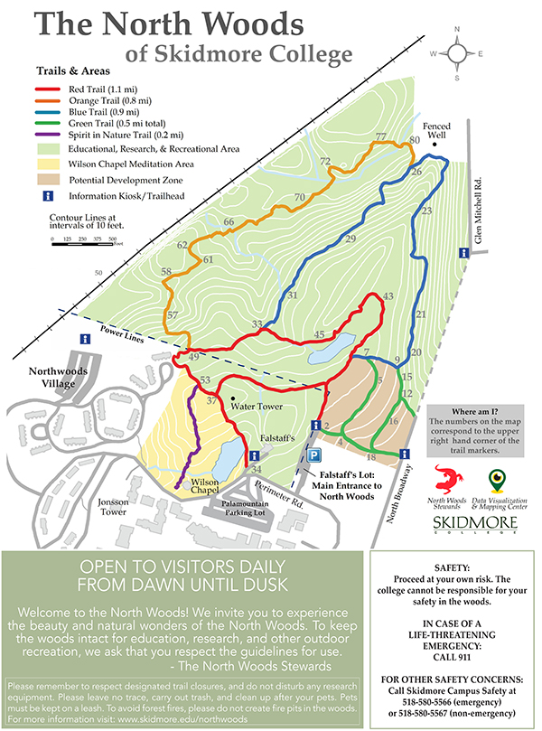 This network of trails includes 5 entrances and about 3 miles of trails, including a red, green, blue, and orange trail.