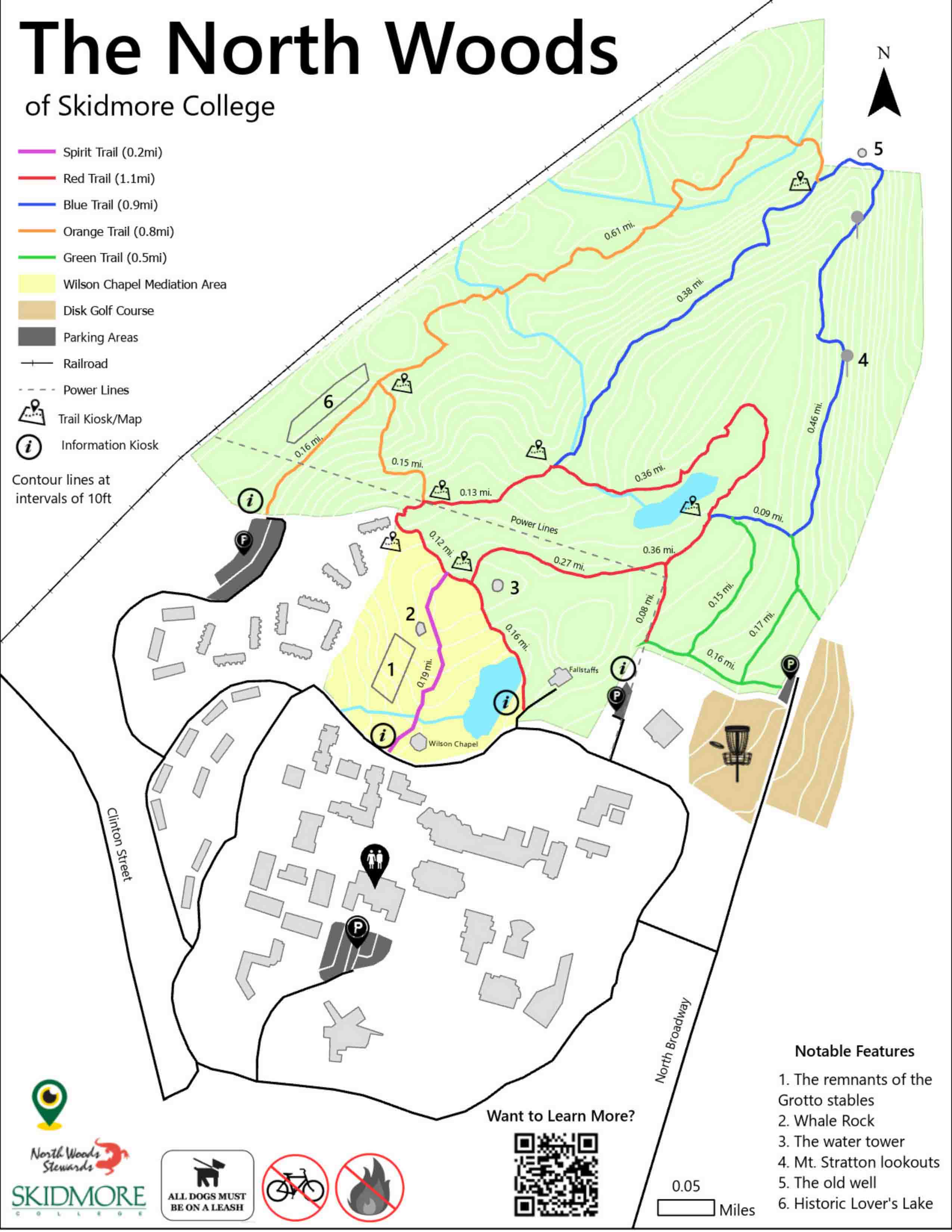 Image includes land area in green highligh, frisbee golf in light yelllow. The 3 miles of trail include a purple section, green, blue, orange, and red sections.