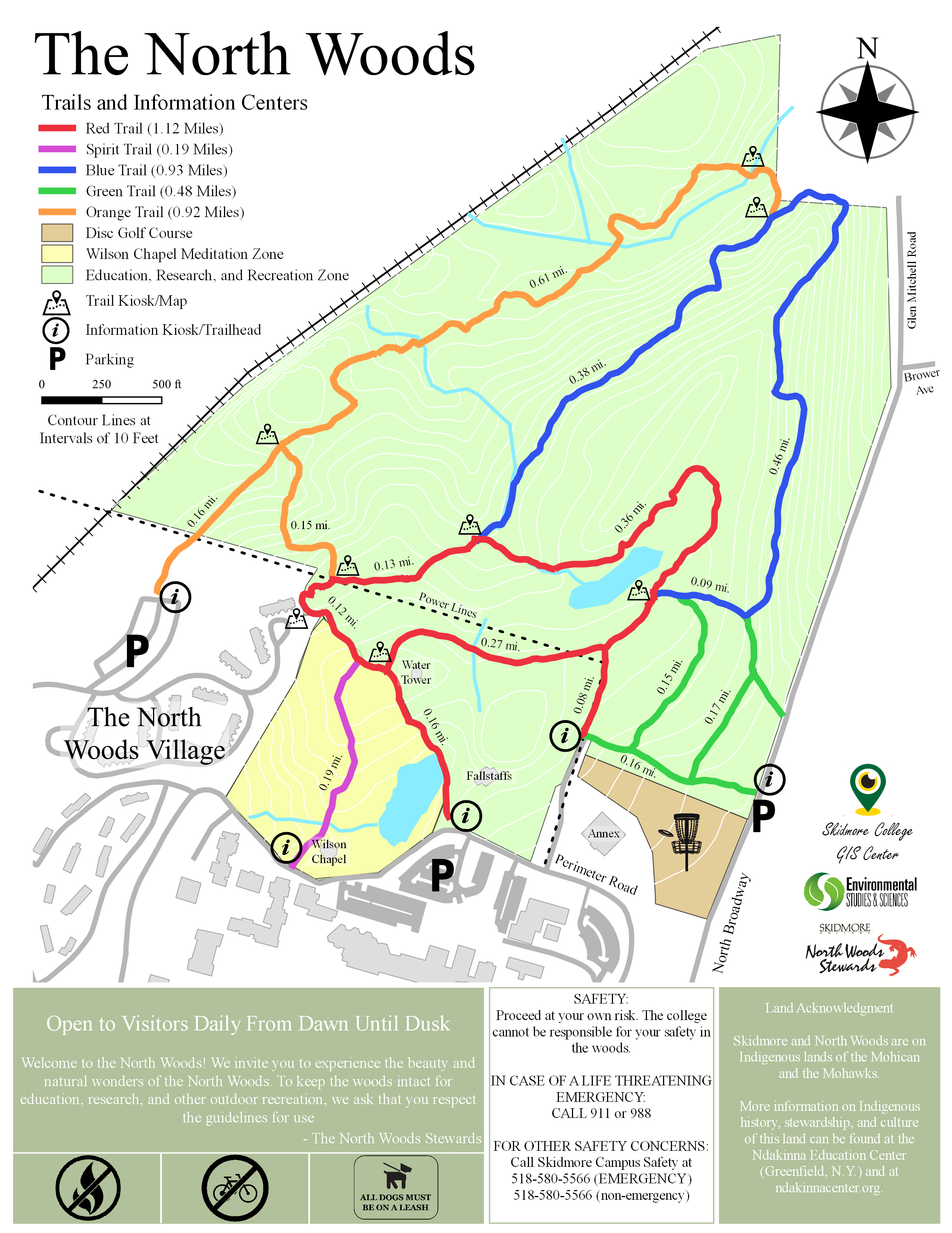The orange and blue trail wrap around the perimeter of the property, with a red loop through the middle, a green trail on the eastern most side, and a short purple entrance trail to the south.