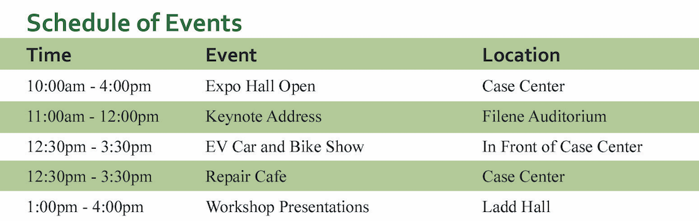 Exhibit Hall open 10am-4pm in Case, Keynote at 11am in Filene, Workshops in Ladd and Case 1-4pm