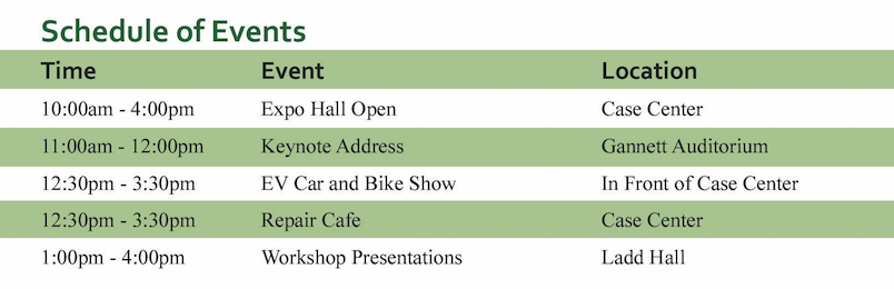 Expo hall open 10am-4pm,  keynote address at 11am, repair cafe 12:30-3:30pm, EV Car and bike show 12:30-3:30pm, Repair cafe 12:30-3:30pm, Kids Cove 12:30-3:30pm, workshops 1-4pm on the hour