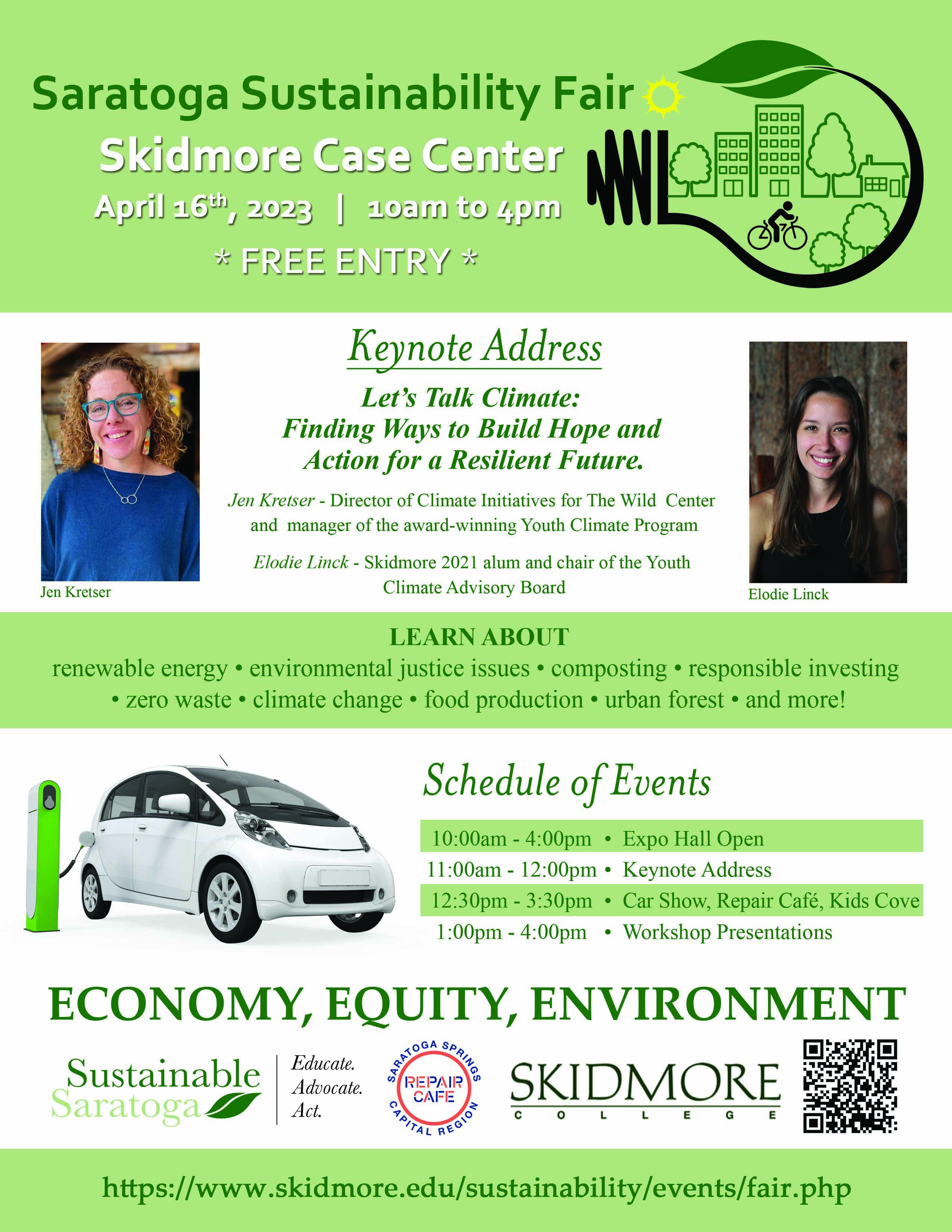 2023 is headed with keynote by Jen Kretser and Elodie Linck. Event includes workshops, kids cove, EV car show, repair cafe and more.