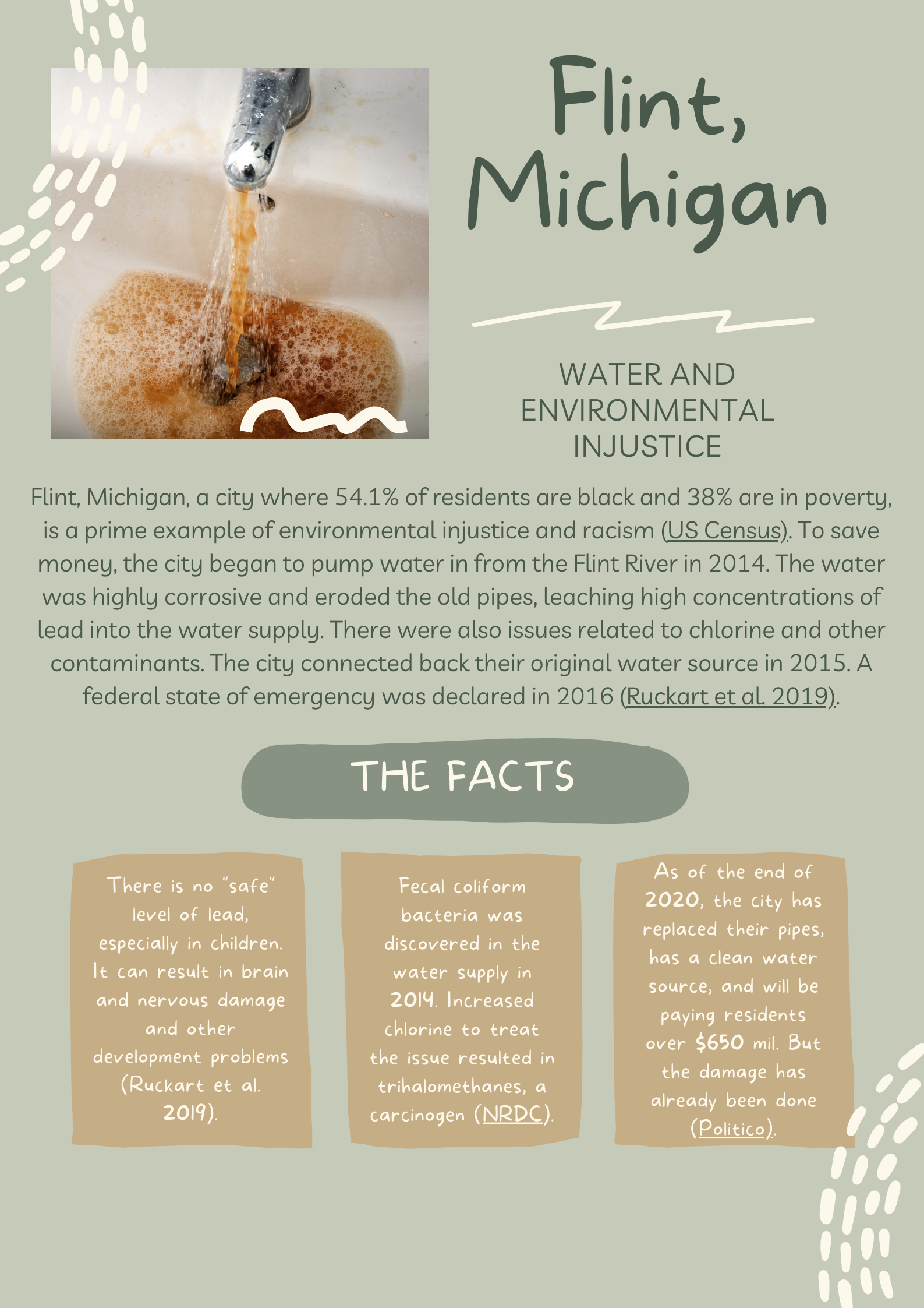 Flint, Michigan, a city where 54.1% of residents are black and 38% are in poverty, is a prime example of environmental injustice and racism (US Census). To save money, the city began to pump water in from the Flint River in 2014. The water was highly corrosive and eroded the old pipes, eaching high concentrations of lead into the water supply. There were also issues related to chlorine and other contaminants. The city connected back their original water source in 2015. A federal state of emergency was declared in 2016 (Rukart et al. 2019).