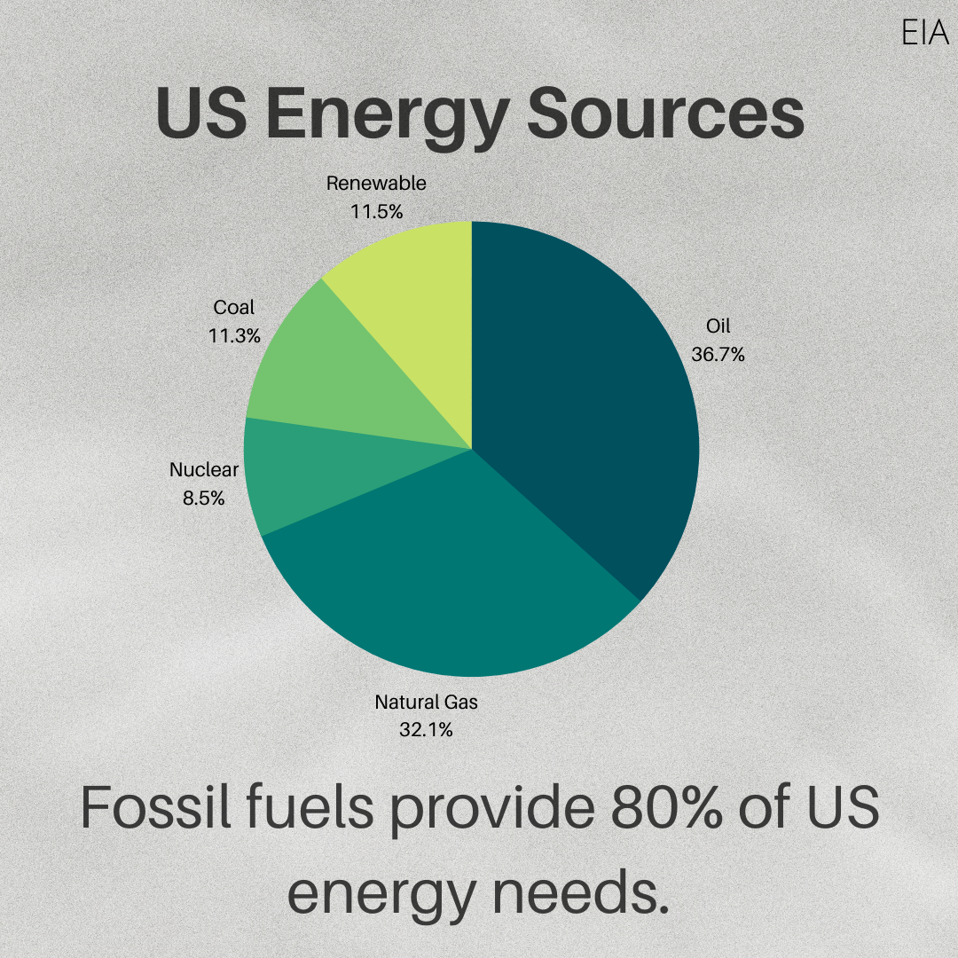 US Energy Sources Fossil fuels provide 80% of US energy needs. Total energy sources for the US include 36% oil, 32% natural gas, 8.5% nuclea, 11% coal, and 11% renewable.