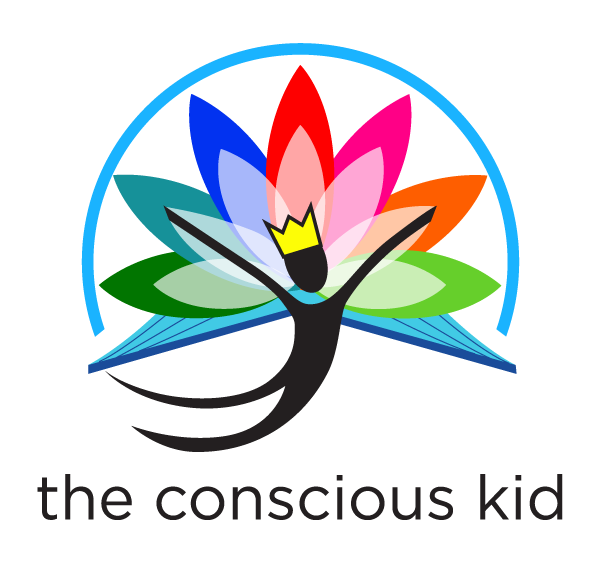 The conscious kid logo with a person in front of a book with flower coming out