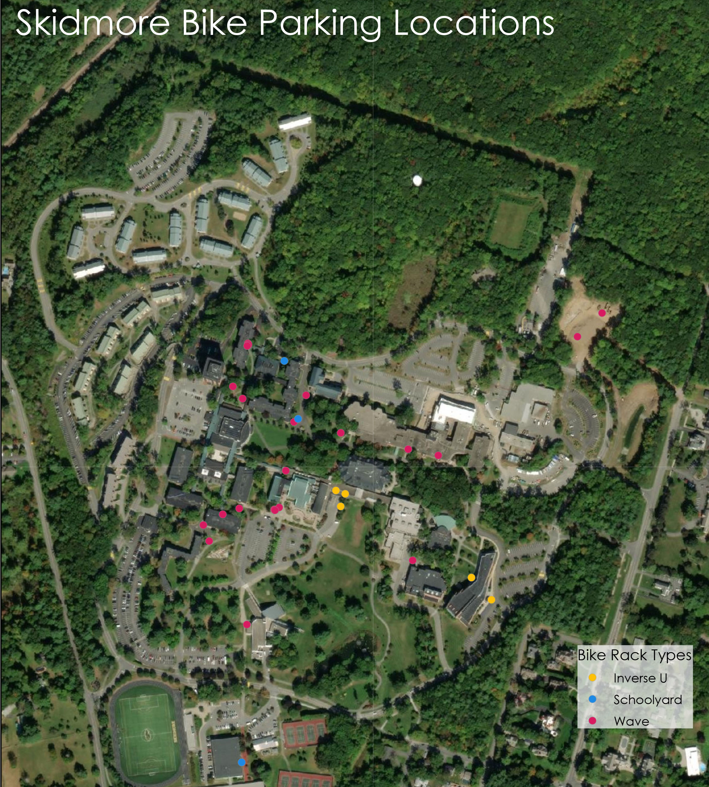 Map of central campus demonstrates the location of bike racks, most of them being by academic buildings such as Palamountain and Case Center.